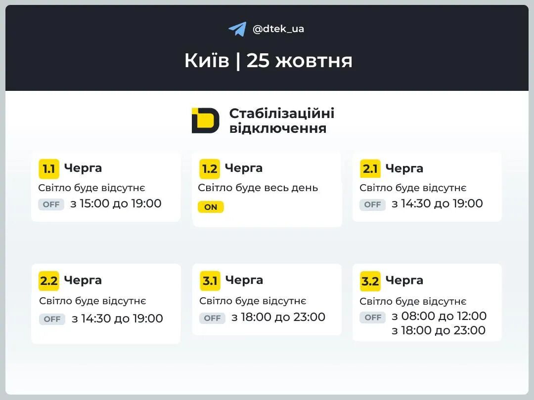 В Киеве и области 25 октября будут действовать новые графики отключения света