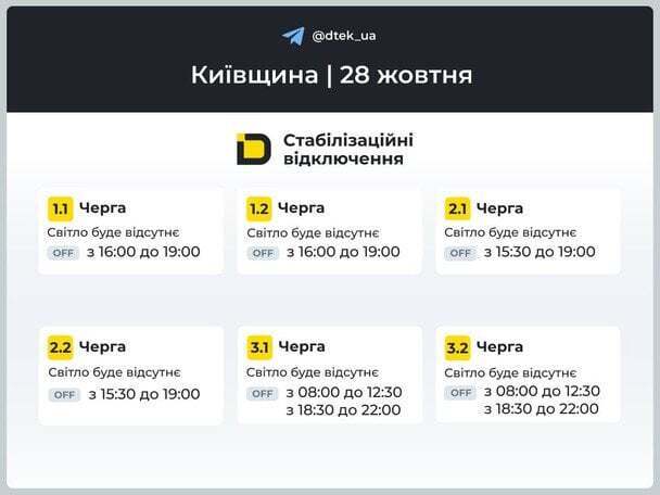 Обновлены графики отключений света: ДТЭК сообщил об очередях в Киеве и Киевской области 28 октября