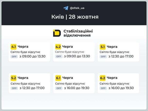 Обновлены графики отключений света: ДТЭК сообщил об очередях в Киеве и Киевской области 28 октября