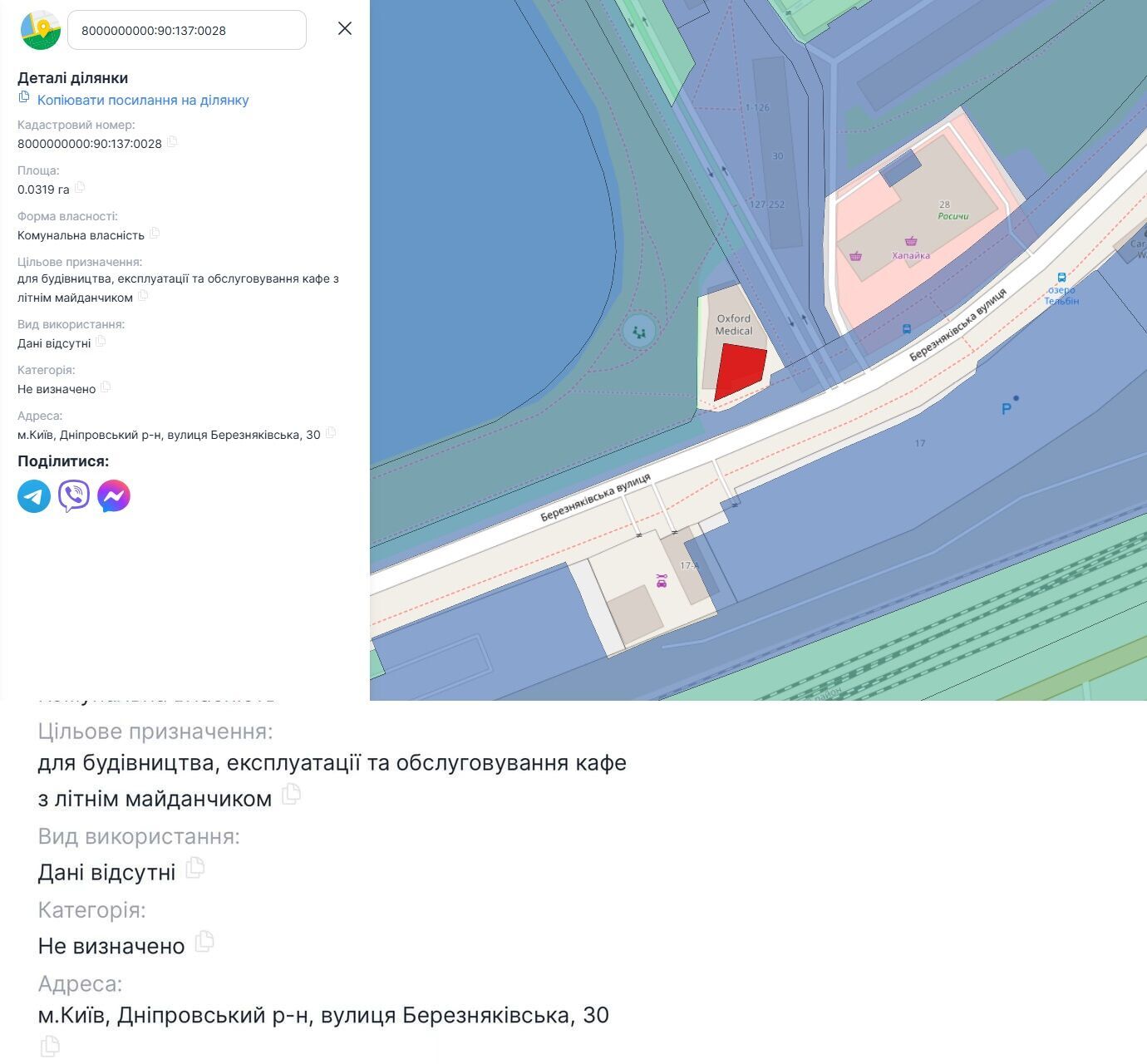 Інформація про ділянку з офіційного реєстру