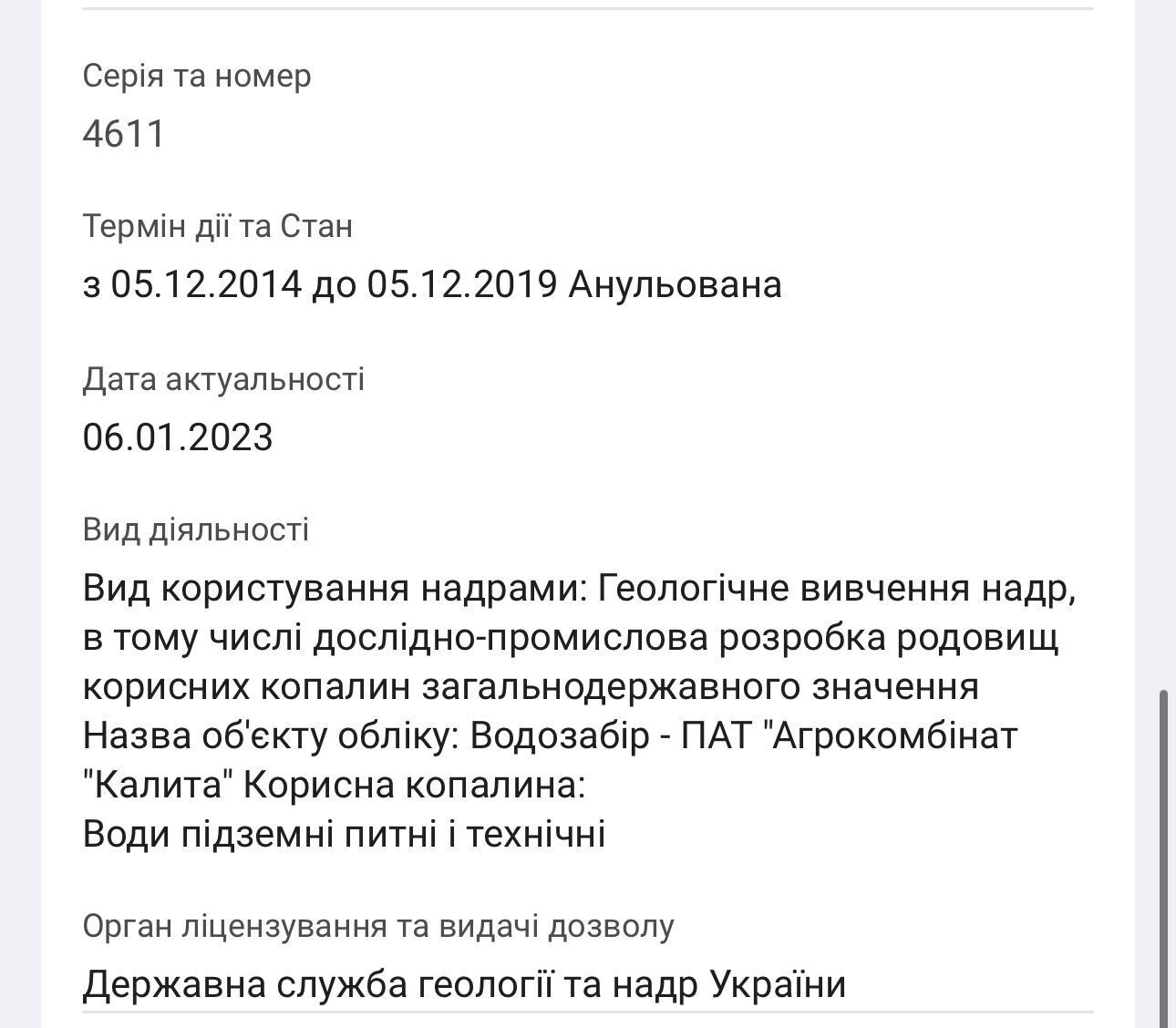 Анульований дозвіл на забір підземних вод