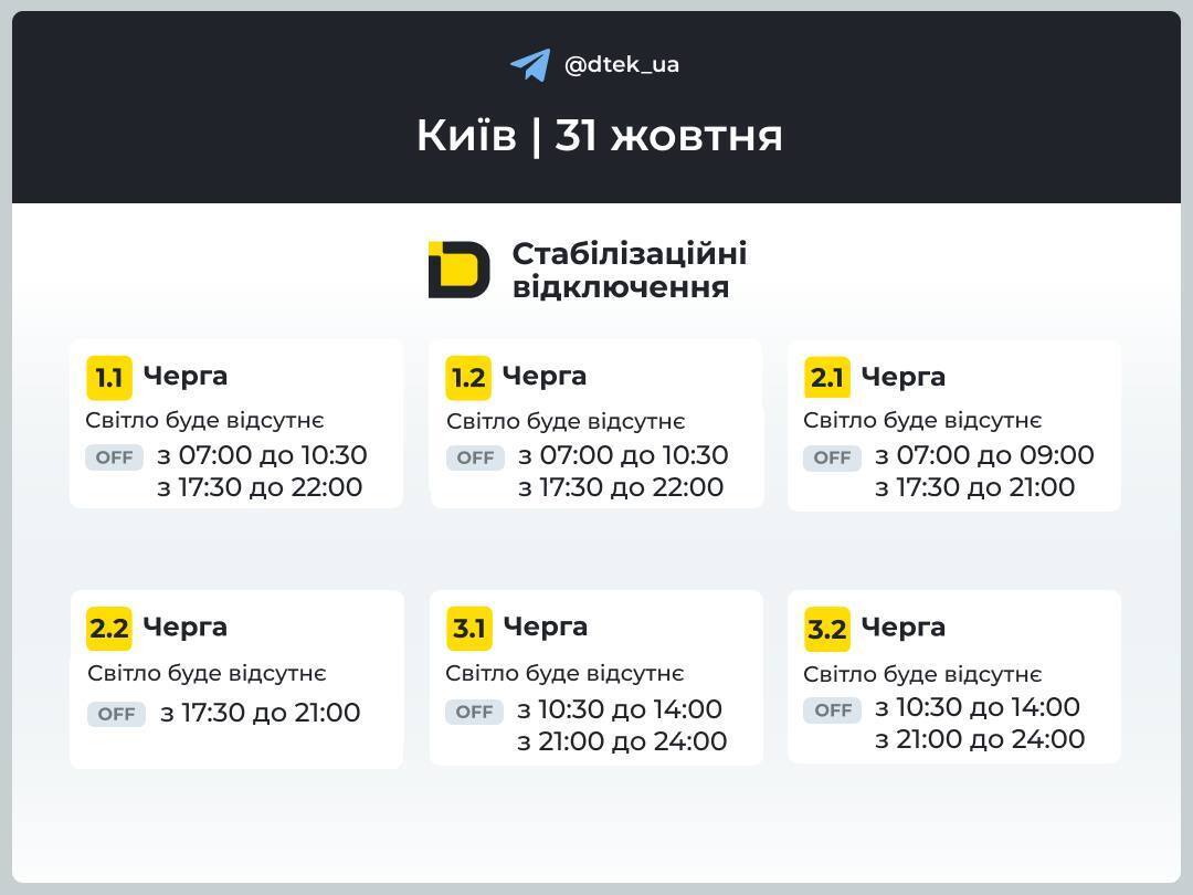 Київ знову знеструмлять 31 жовтня: опубліковано оновлені графіки відключень світла