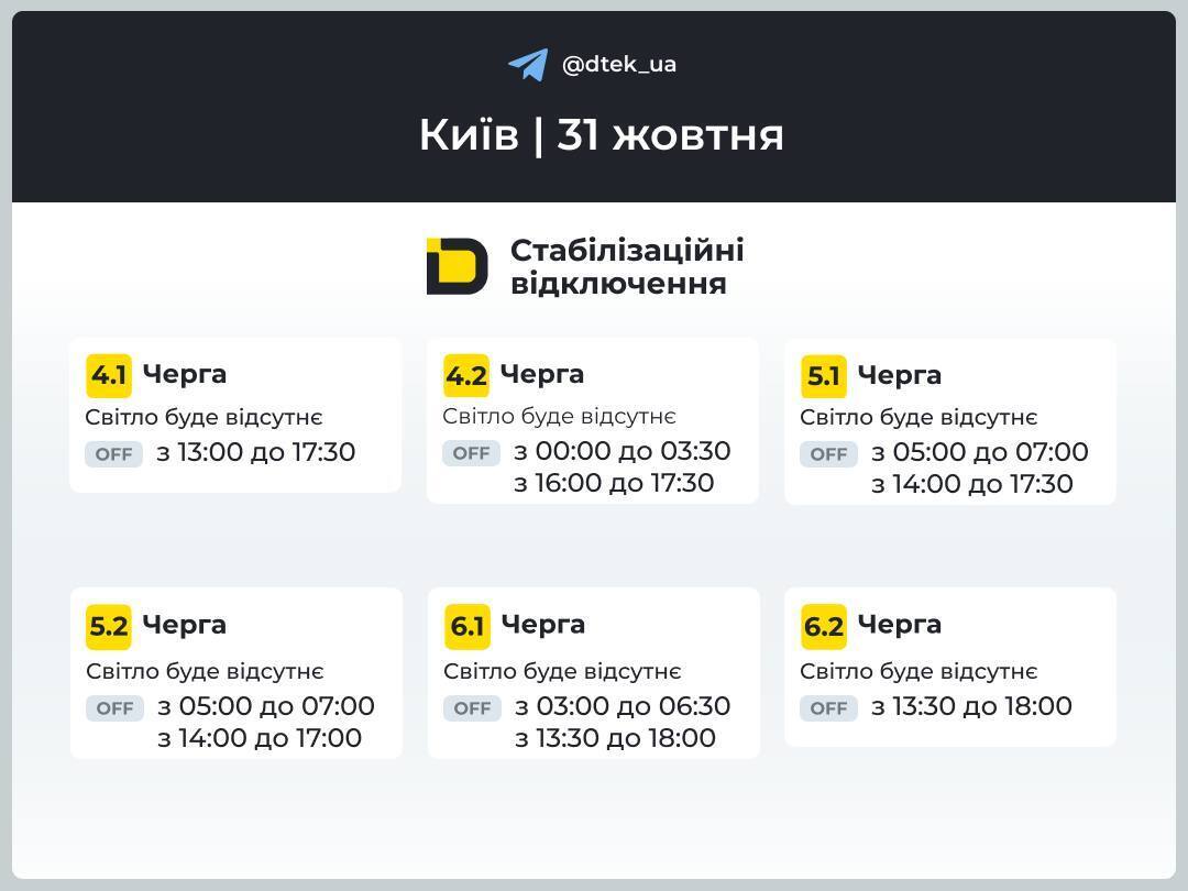 Київ знову знеструмлять 31 жовтня: опубліковано оновлені графіки відключень світла