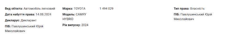 Автомобиль 2024 года выпуска в декларации Павлушинского за 2024 год
