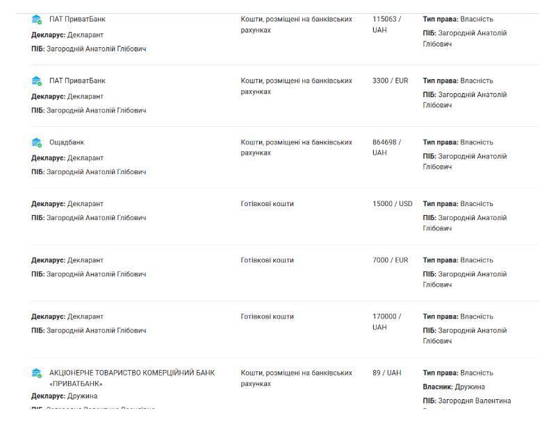 Данные о собственных средствах из декларации Анатолия Загороднего