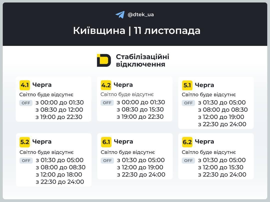 Киевщина: обновлены графики отключений электроэнергии на 11 ноября