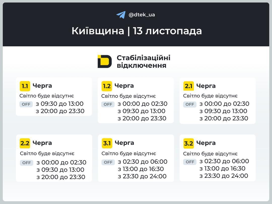 Киев и область: графики отключений электроэнергии 13 ноября