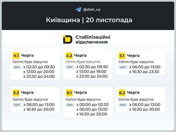 Графики отключения света на 20 ноября: как будут работать обесточивания в Киевской области
