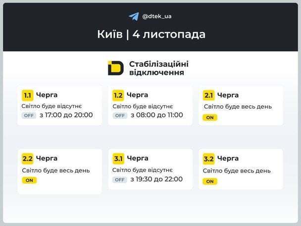 ДТЭК обнародовал новые графики отключений электроэнергии в Киеве 4 ноября