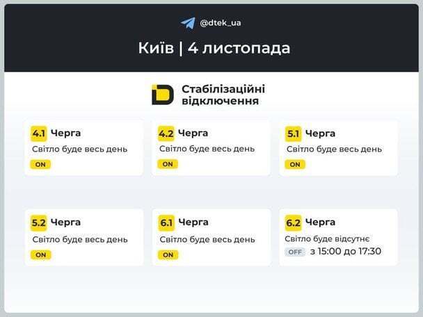 ДТЭК обнародовал новые графики отключений электроэнергии в Киеве 4 ноября