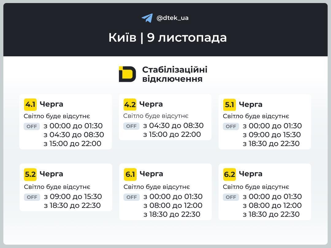 Відключення світла в Києві 9 листопада: оприлюднено оновлені графіки, можливі до трьох відключень на день