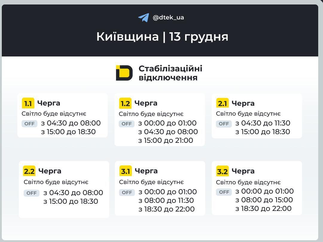Киев без света: актуальные графики отключений электроэнергии на 13 декабря
