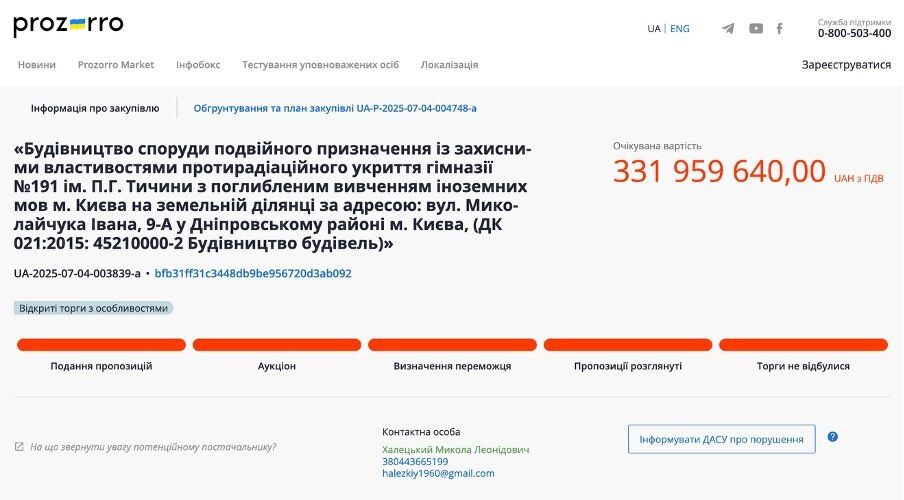 Ожидаемая стоимость тендера составила около 332 млн грн