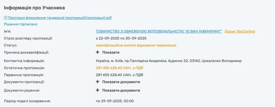 Предварительно победителем признали ООО ''Ю ВАН Инжиниринг''