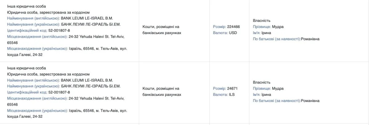 Ирина Мудра задекларировала $250 тысяч сбережений в Тель-Авиве, - медиа