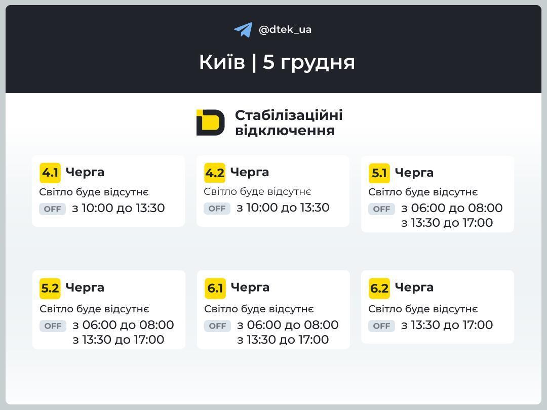 ДТЭК обнародовал графики на 5 декабря: в Киеве ночь пройдет без отключений