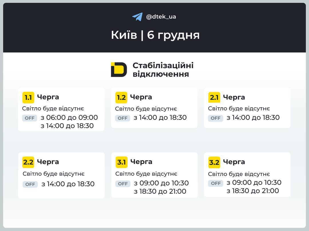 В Киеве и области 6 декабря снова будут выключать свет: какие графики будут действовать в течение суток