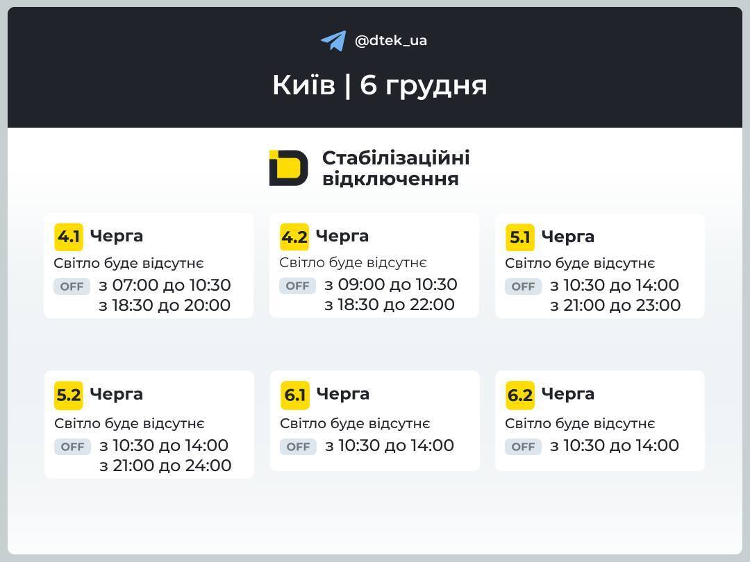 В Киеве и области 6 декабря снова будут выключать свет: какие графики будут действовать в течение суток