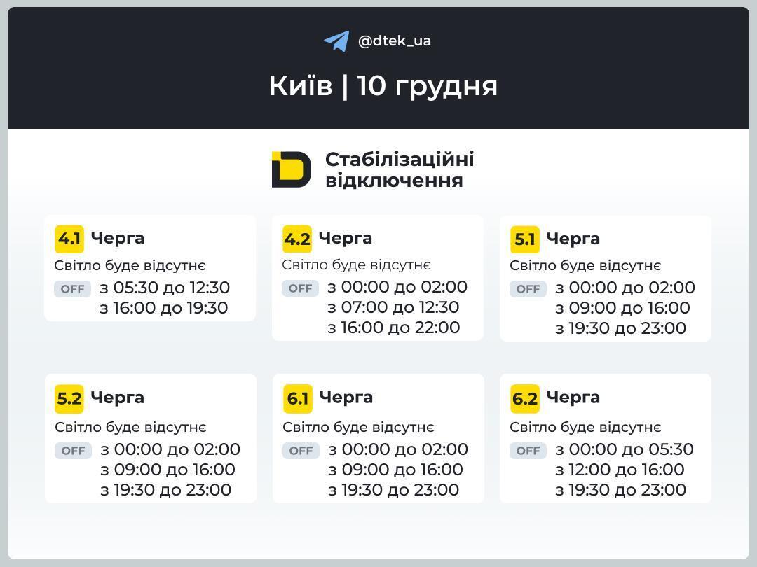 Графики отключений в Киеве на 10 декабря: света может не быть до 15 часов в течение суток