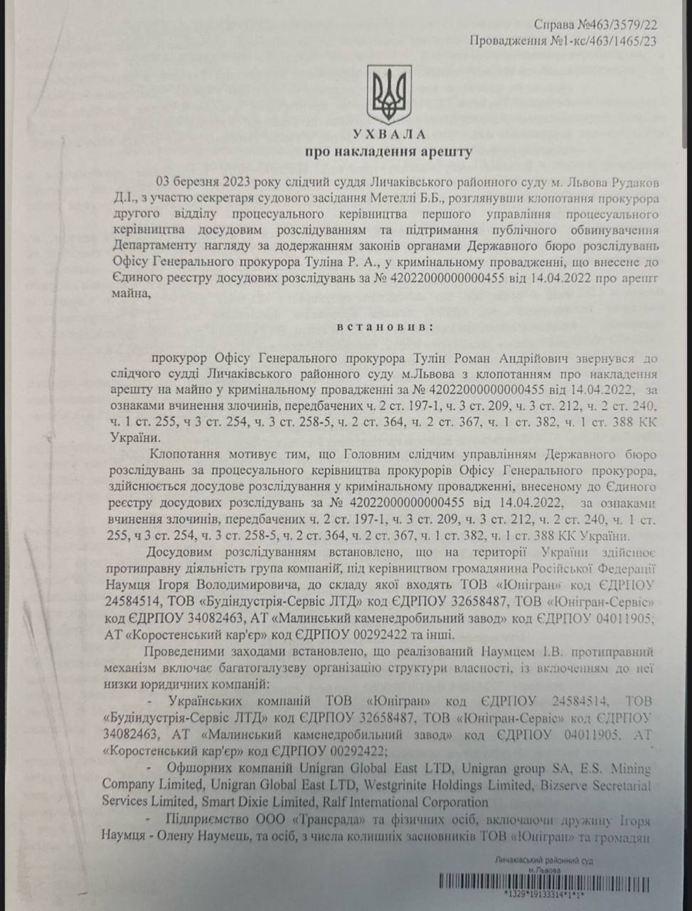 Скриншот Ухвали про накладення арешту