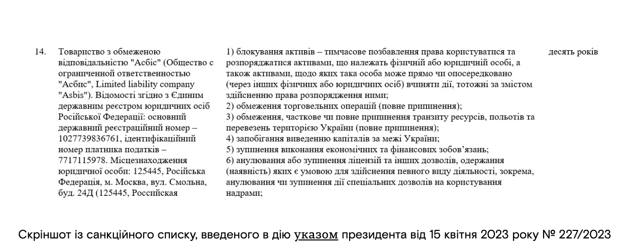 Компания ''АЗБИС'' оказалась под санкциями