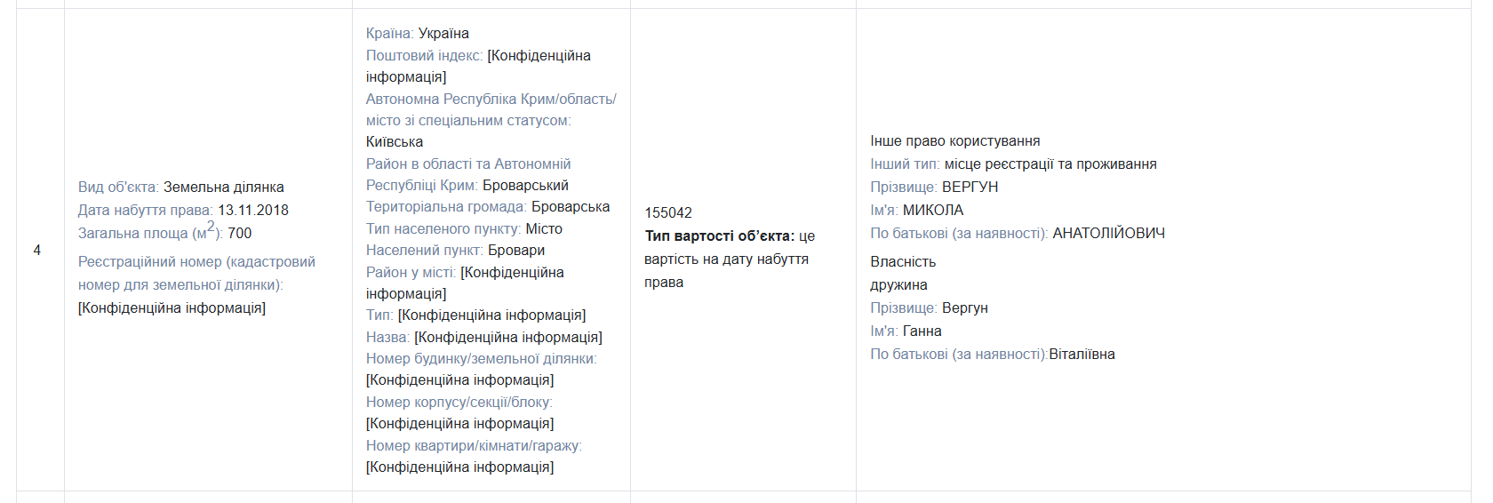 Скриншот декларации Николая Вергуна