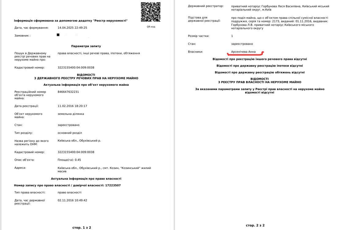Ділянка записана на Анну Арсенічеву