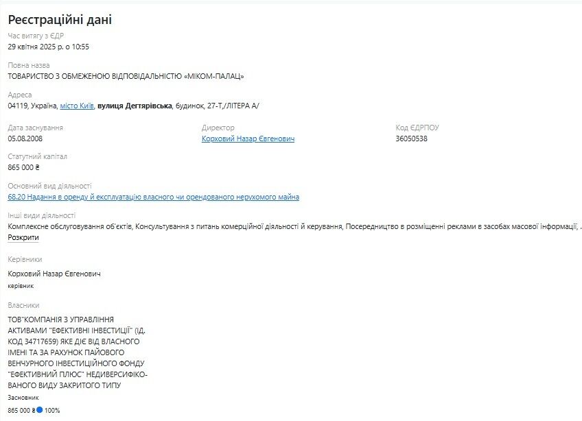 Владельца центра и его деятельность можно увидеть в информации о ООО ''МИКОМ-Дворец''