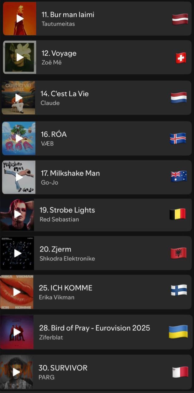 29 композиций из ''Евровидения-2025'' попали в 50 топовых песен чарта Spotify
