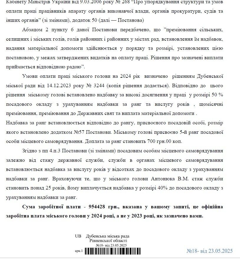 Відповідь Дубенської міської ради