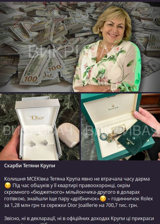 Годинник Rolex, сережки Dior та мільйони готівкою — нові деталі справи Тетяни Крупи