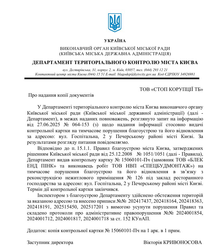 Скриншот документа от Департамента территориального контроля Киева