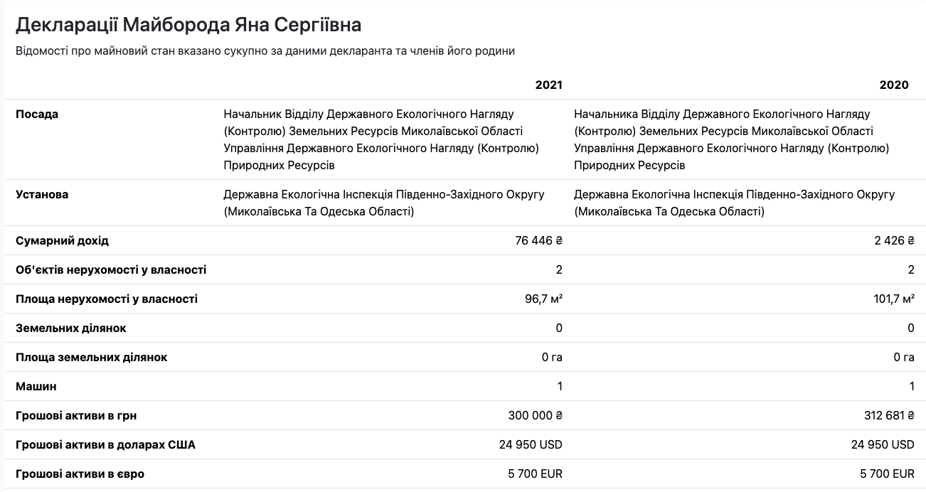 Что декларировала Яна Майборода во время работы в ГЭИ Юго-Западного округа
