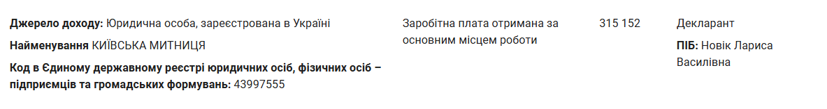 Скриншот декларації Новік Лариса