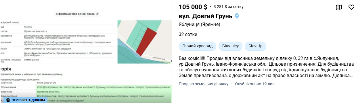 Вартість ділянок у селі Яблуниця