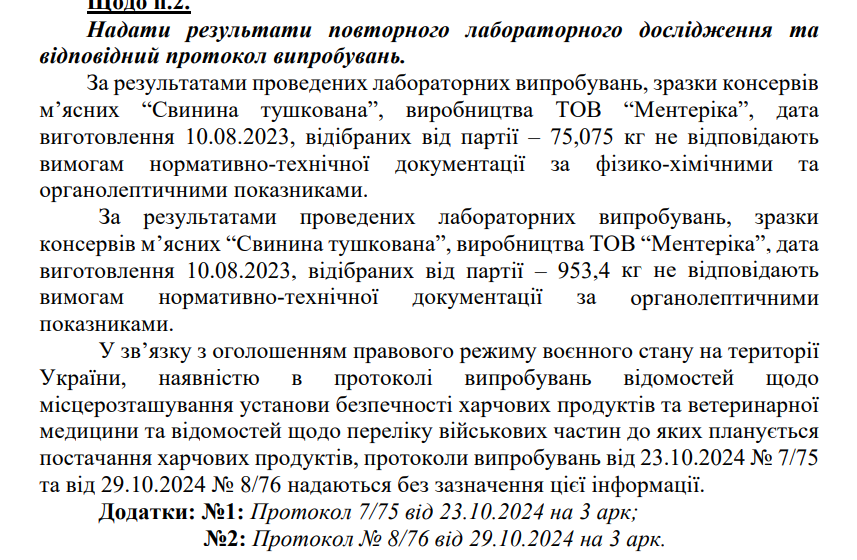 Скриншот протокола лаборатории о некачественных консервах