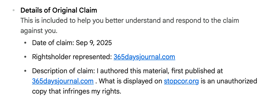 Скарги подані 9 вересня від сайту 365daysjournal.com