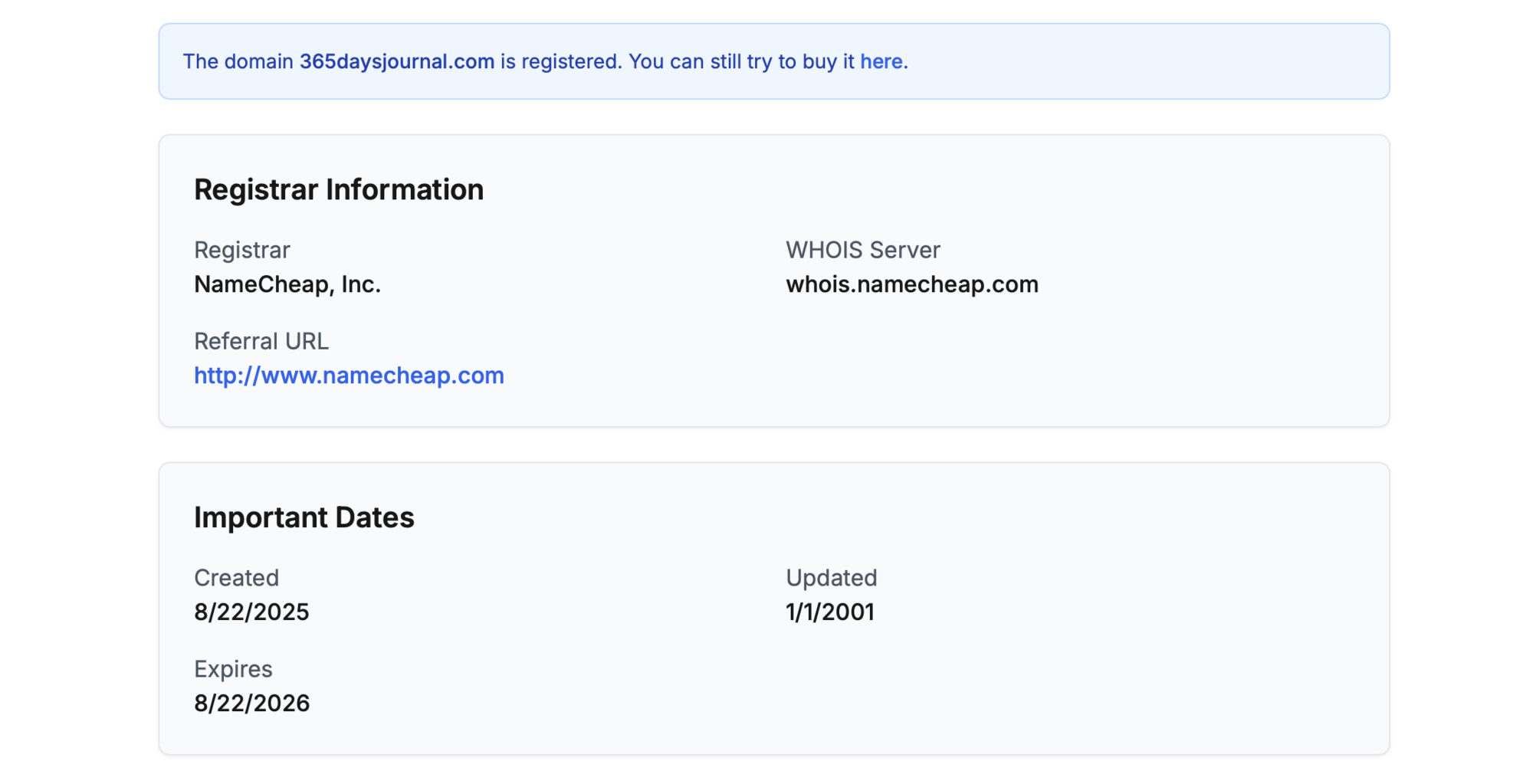 Дані про домен — він був зареєстрований 22 серпня 2025 року
