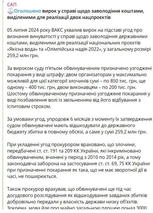 Повідомлення САП про вирок по справі&nbsp; ''Якісна вода'' та ''Олімпійська надія-2022'' на Телеграм