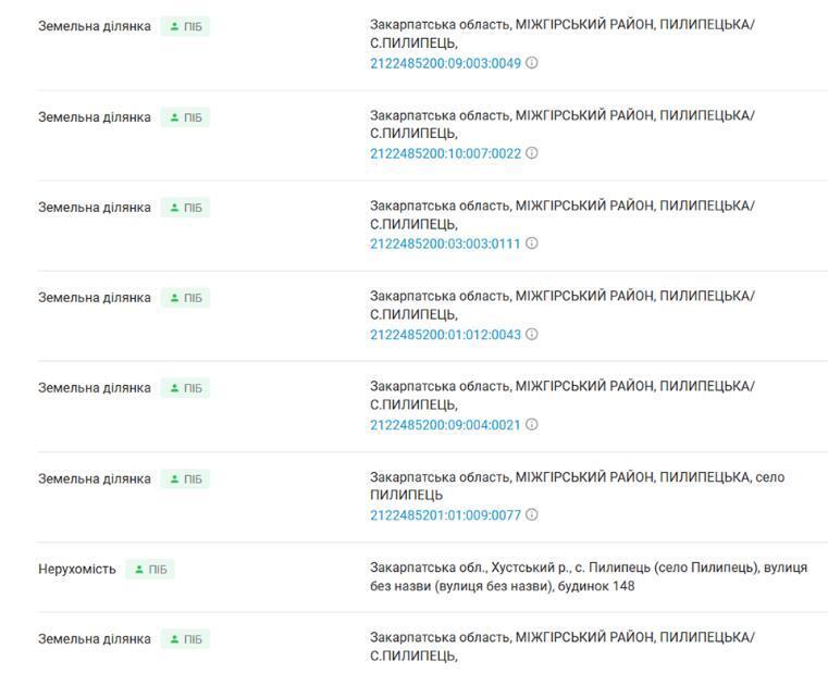 Перелік земель&nbsp; Ренати Гусейнової в селі Пилипець