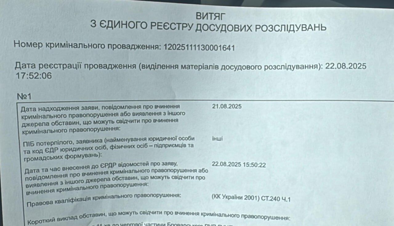 Выписка из единого реестра досудебных расследований