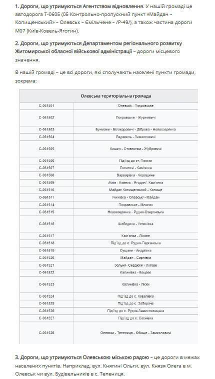 Розподіл доріг по категоріям за значенням в Олевській ОТГ