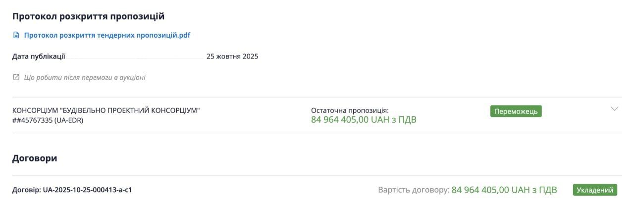 Сумма и победитель тендера