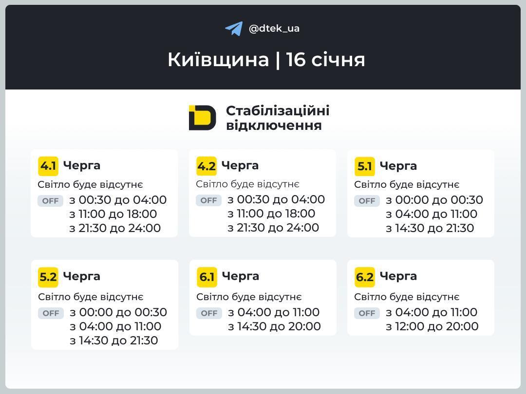Київ: графіки відключення світла на 16 січня