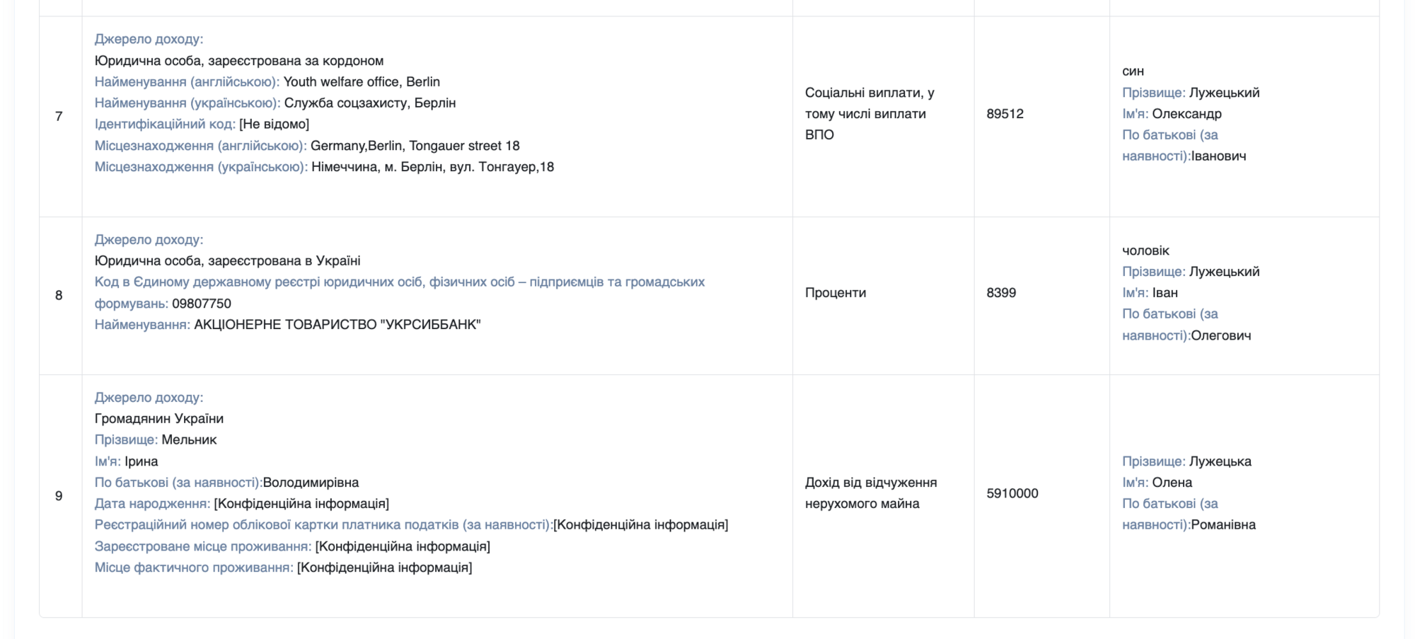 Фрагмент декларации о доходах Елены Лужецкой