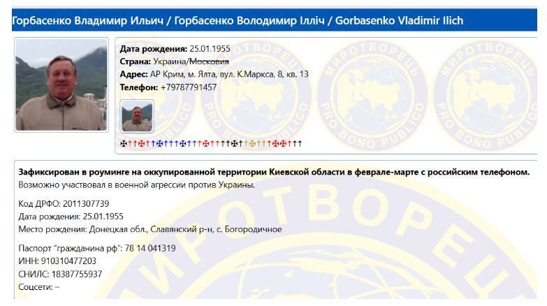 Данные Владимира Горбасенко на сайте Миротворец