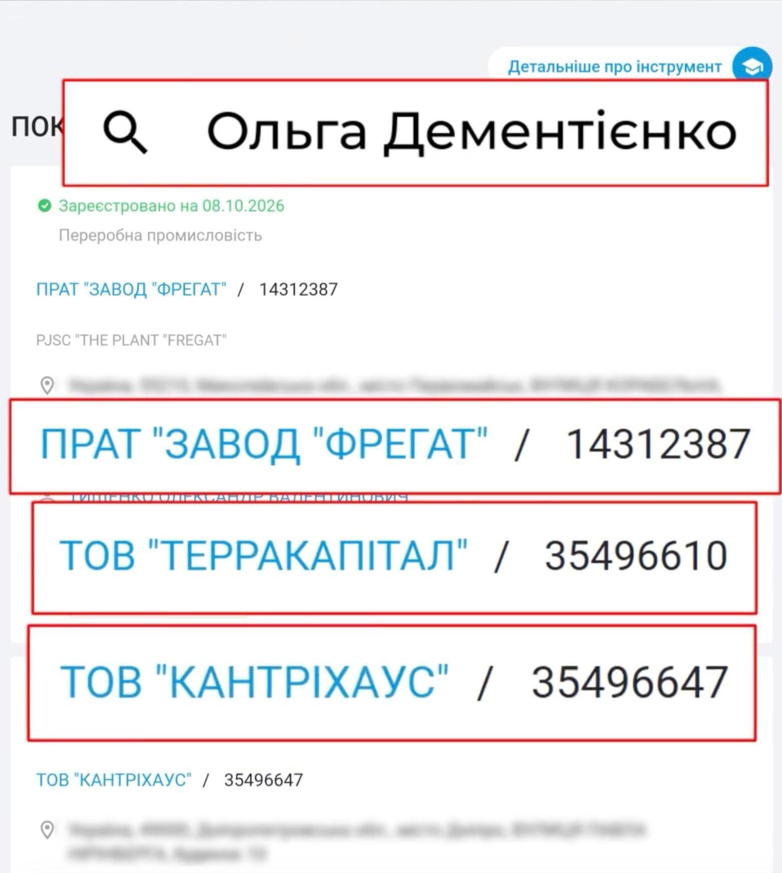 Компании, с которыми связано имя Ольги Дементиенко, в поиске YouControl: ЧАО ''Завод ''Фрегат'' (ЕГРПОУ 14312387), ООО ''Терракапитал'' (35496610) и ООО ''Кантрихаус''