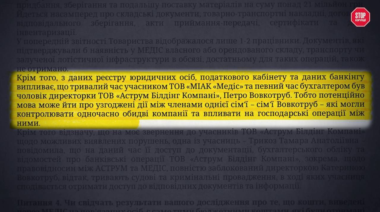 ''Медис'' признал: его участником и некоторое время бухгалтером был муж директора ''Аструма'' Петр Вовкотруб