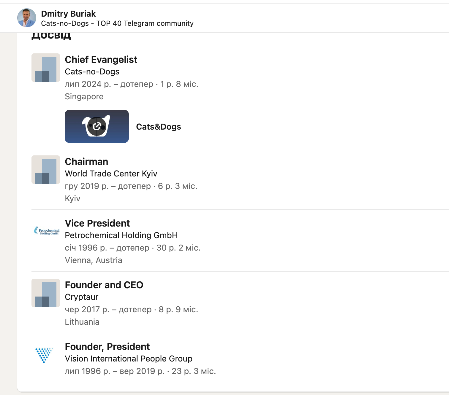 Дмитрий Буряк указывает в профиле причастность к ряду иностранных компаний