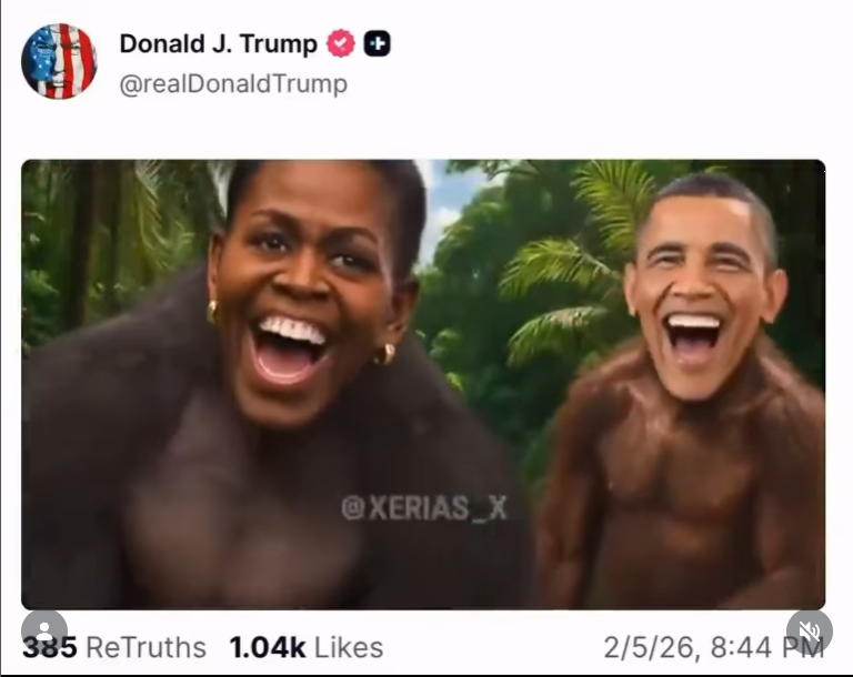 Команда Трампа выложила видео, где показывает Обаме обезьяной, а затем удалила
